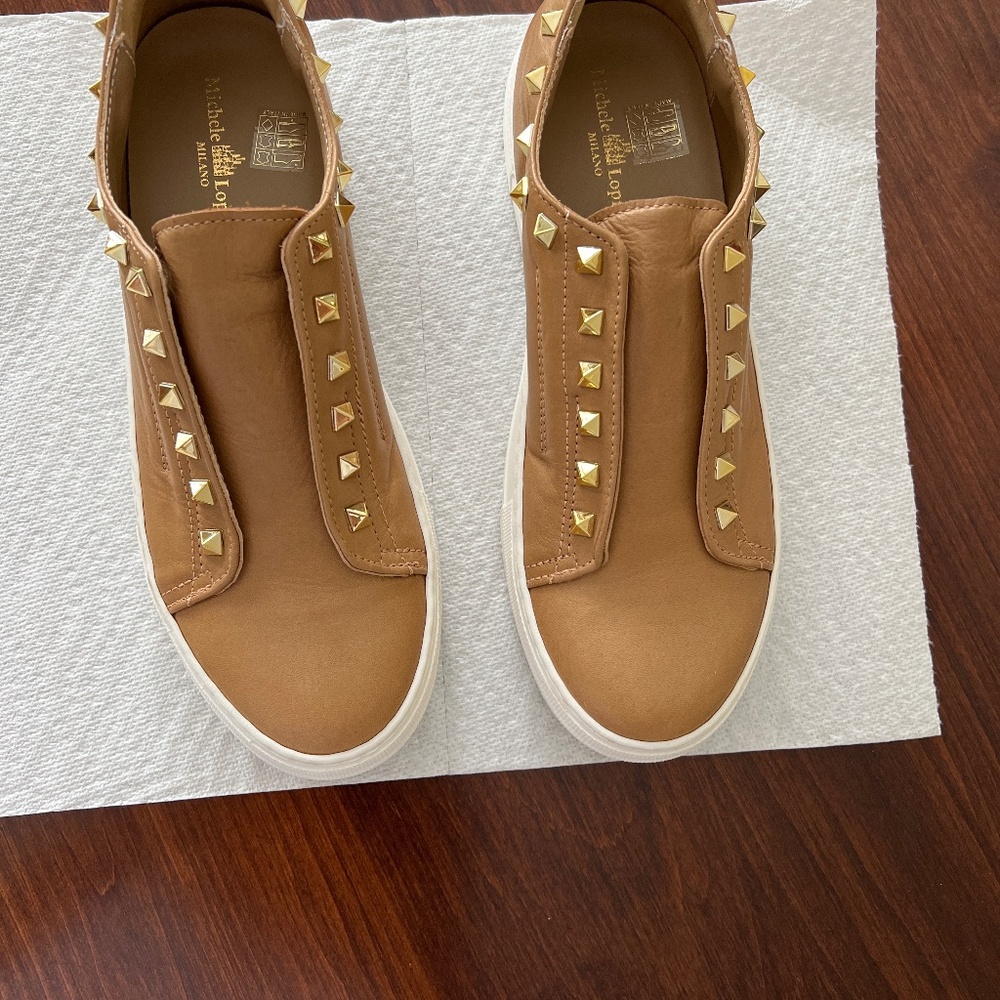 Michele Lopriore leather tan studded sneakers shoes size 38 made in Italy